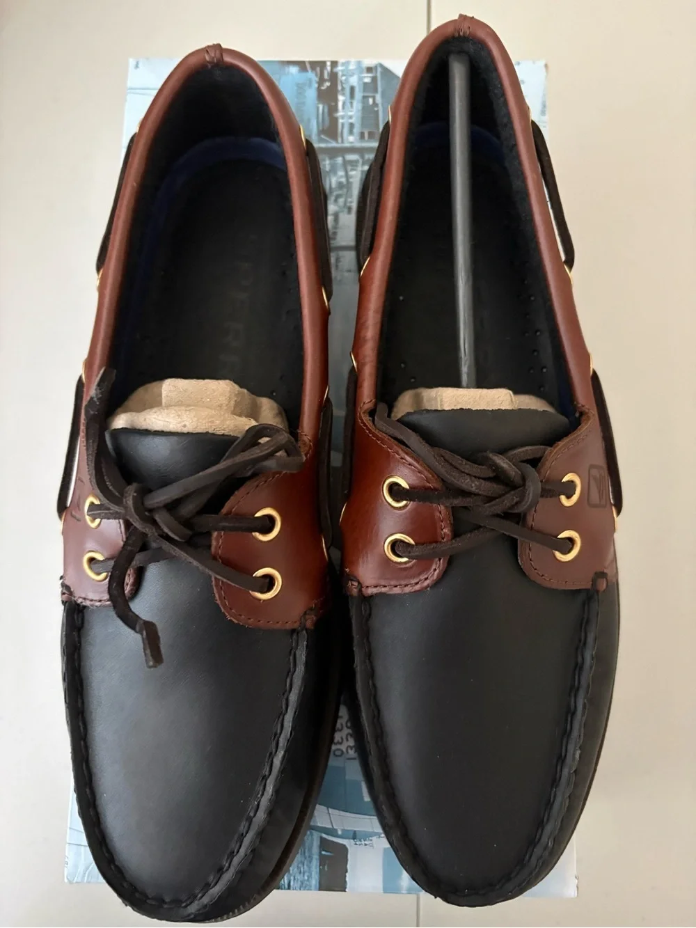 Sperry Men’s 2-Eye Black and Amaretto Boat Shoes Authentic Original NIB 8.5M